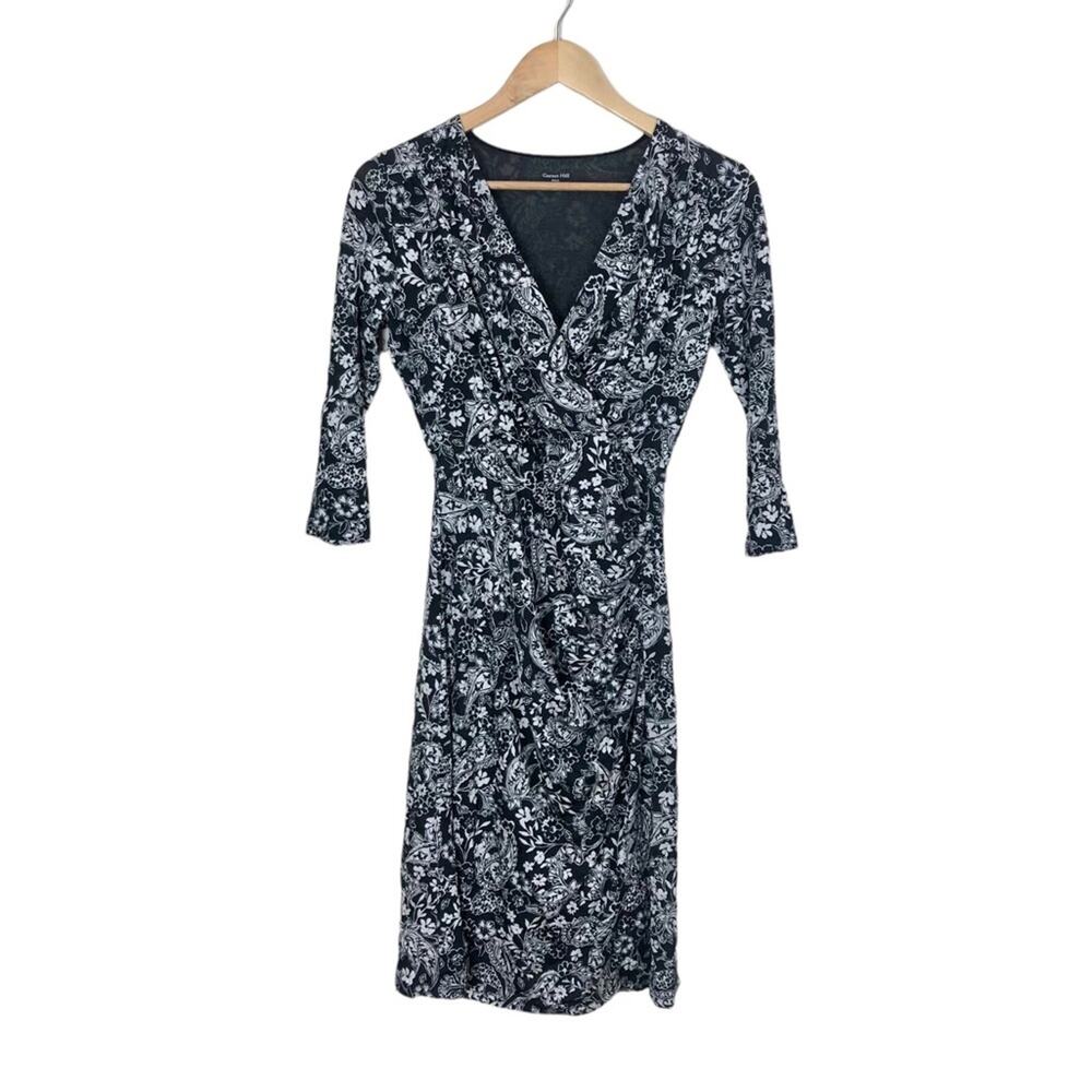 Garnet Hill Brianna Tencel Surplice Faux Wrap Black Floral Dress Size XS